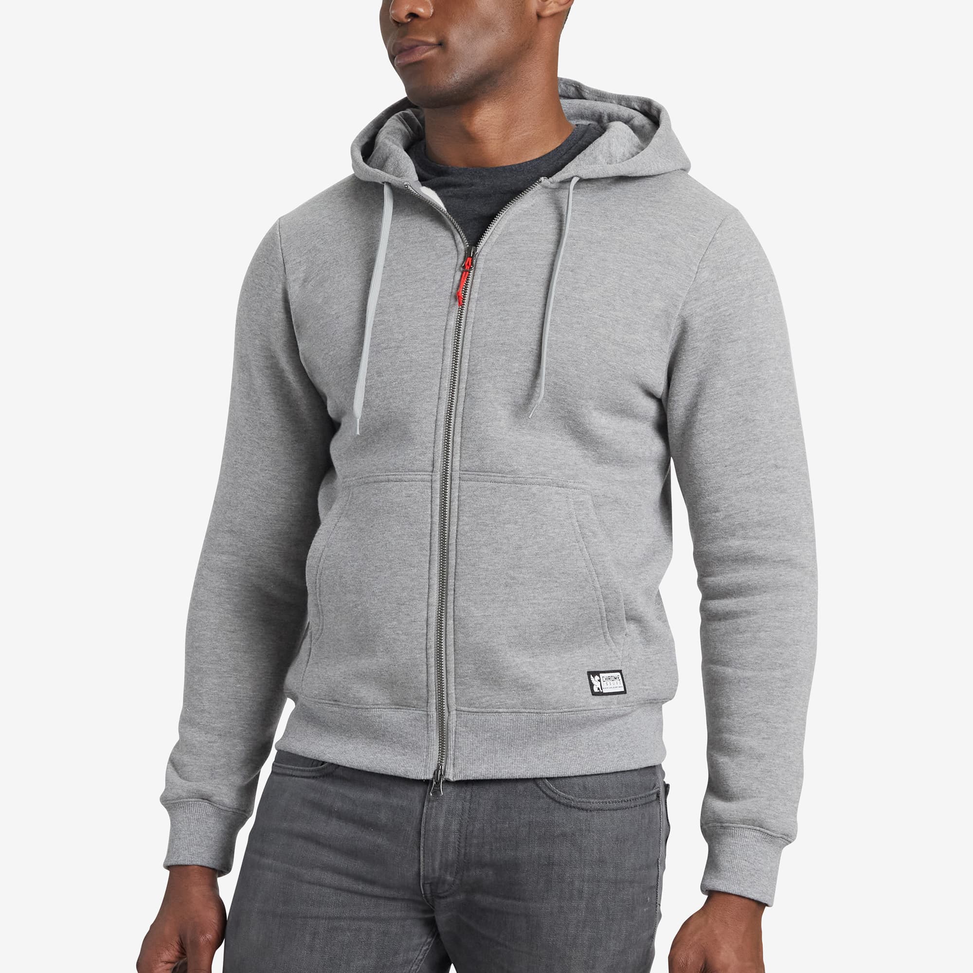 Grey fleece zip-front Hoodie on a man #color_castlerock heather