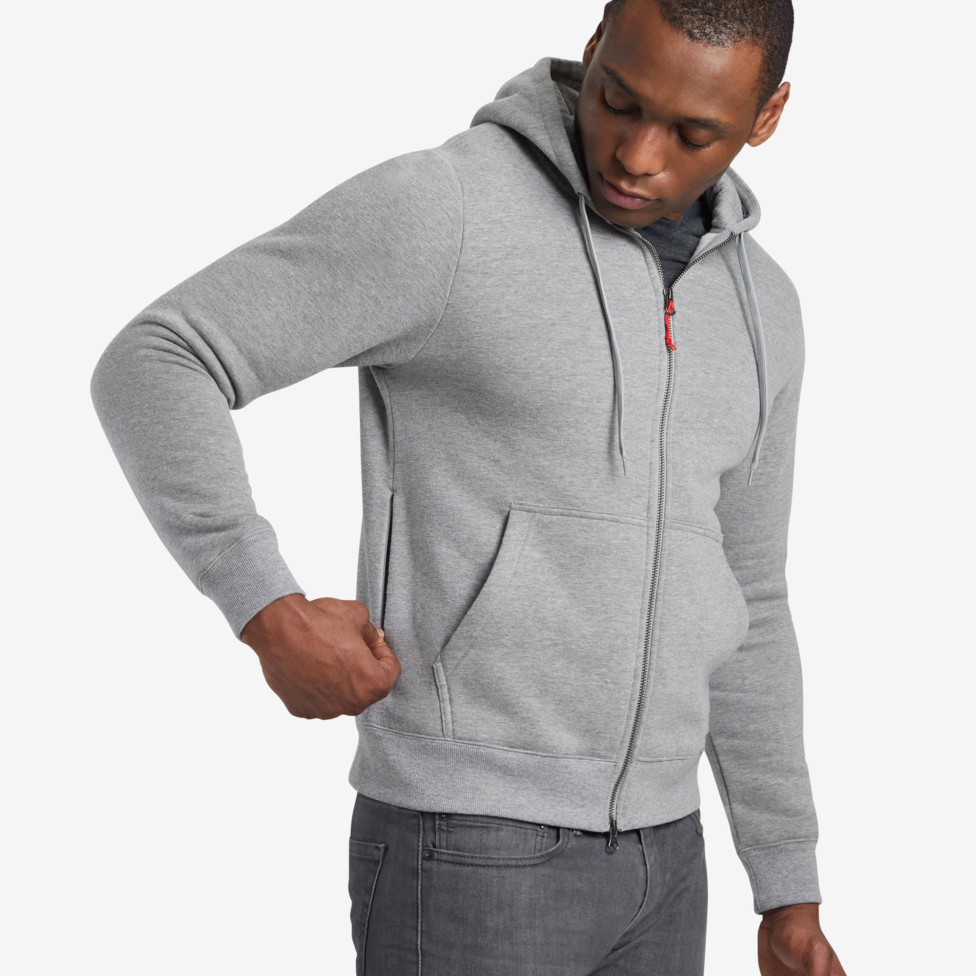 Grey fleece Hoodie side zip view on a man #color_castlerock heather